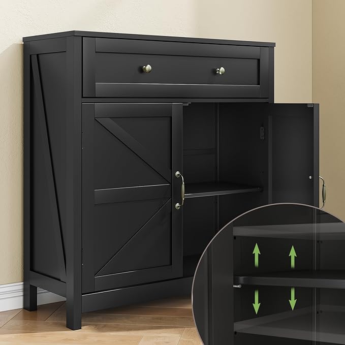 Buffet Sideboard with 2 Barn Doors,Black Kitchen Cabinet with Adjustable Shelf, Freestanding Floor Storage Cabinet
