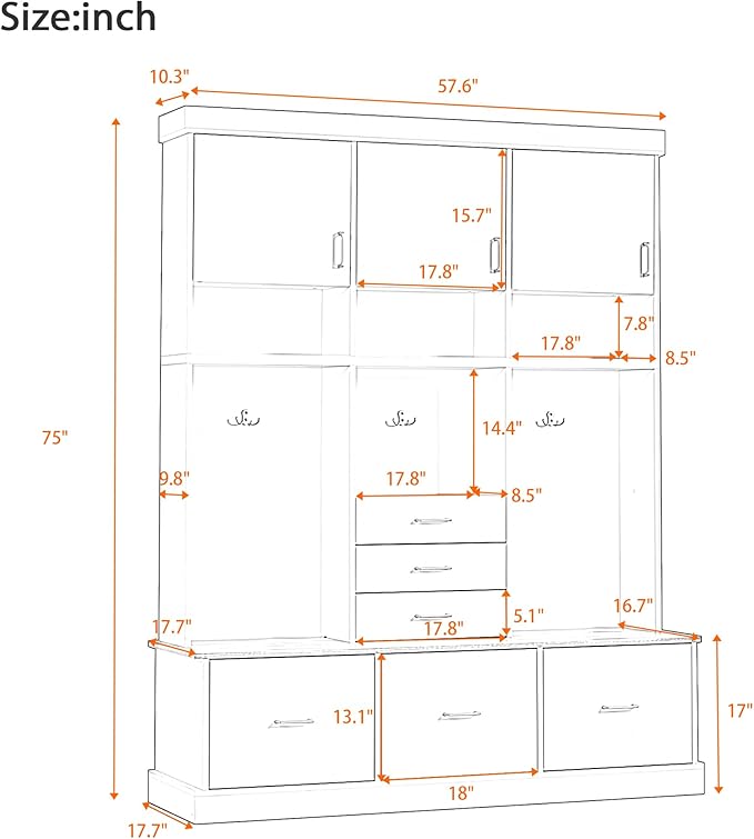 Merax 5-in-1 Hall Tree with Bench and Storage, Modern with Coat Rack, 6 Drawers, 3 Cabinets and 3-Tier Top Storage for Hallway, Entryway, Living Room, White