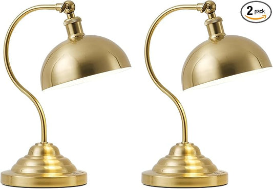 Cordless LED Table Lamp Set of Two, Swing Arm Desk Lamp, Rechargeable, Dimmable/3 Color/Memory Function, Modern Rechargeable Table Light for Living Room,Bedroom,Bedside, Brass