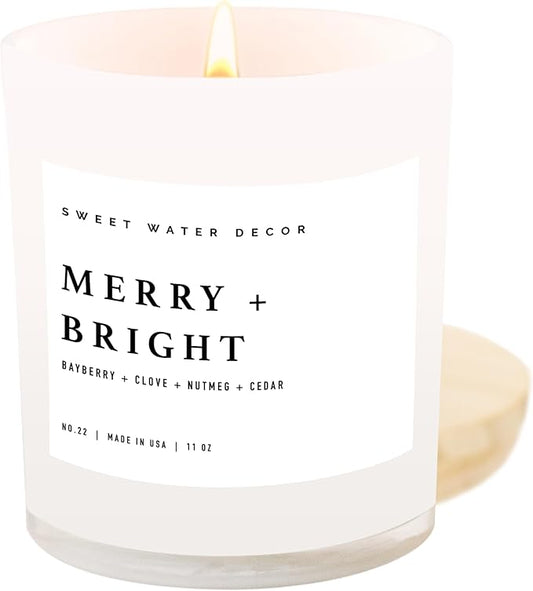 Sweet Water Decor Merry and Bright Soy Christmas Candle - Bayberry, Clove, Nutmeg, and Cedar Scented Holiday Candles for Home - 11oz White Jar + Wood Lid, 50+ Hour Burn Time, Made in The USA