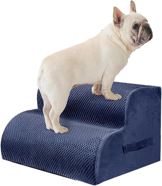 PAWSCART Dog Stairs for Small Pets, 11.8" H with 30D Material Soft Foam, Portable Ramp Non-Slip Surface Non-Slip for Couch and High Bed Climbing, 2-Step Stairs for Cat or Dog, Blue