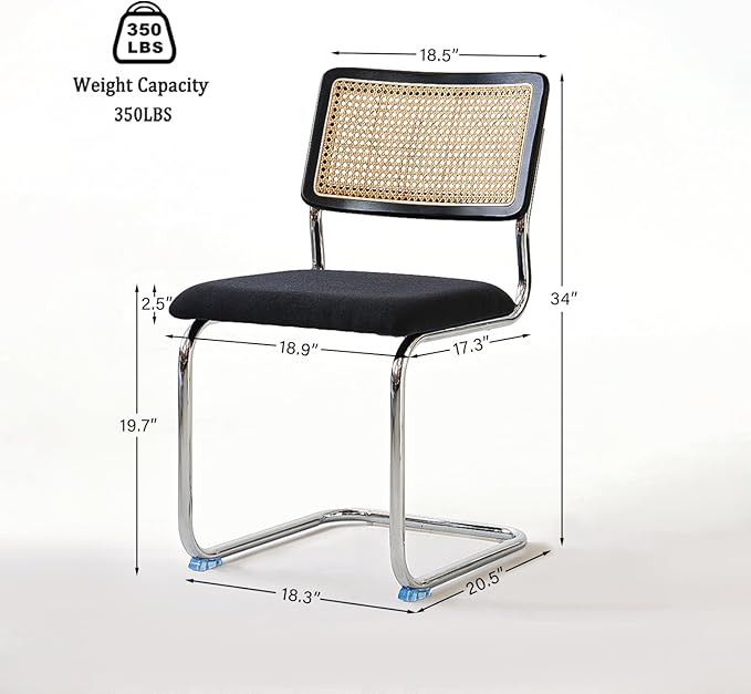 Black Chrome Rattan Dining Chairs Set of 4,Wooden Mid-Century Modern Kitchen Chairs, Mesh Back Cane Dining Room Chair, Cesca Design Chairs with Metal Chrome Legs