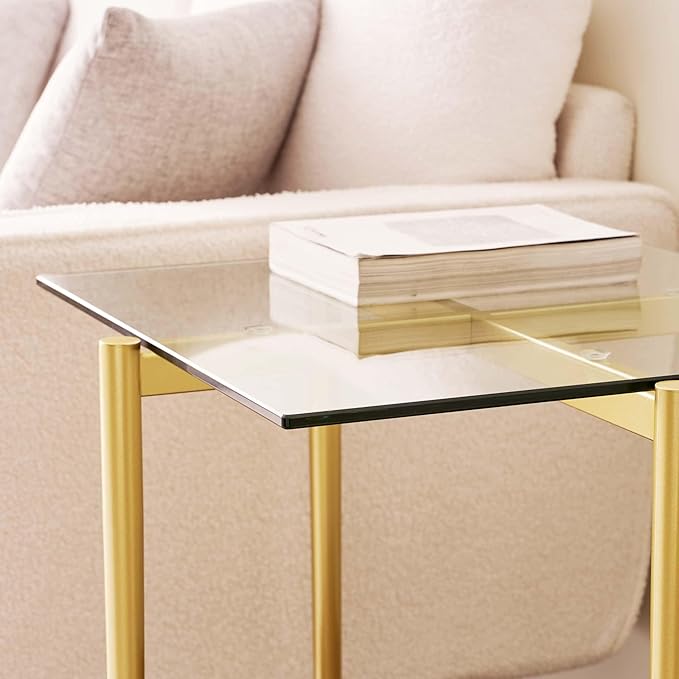 Glass End Table, Mid-Century Modern Design Sofa Table, for Living Room, 2-Tier Structure, Clear Glass Top and Walnut MDF Shelf, Sleek Conical Metal Legs with Gold Finish Frame