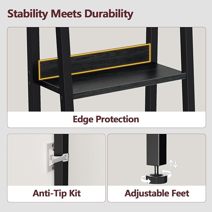 Furologee 6 Tier Ladder Shelf,Ladder Bookshelf with Drawer,Industrial Tall Bookcase,Storage Rack Organizer,Wood Metal Freestanding Shelves for Living Room, Home Office, Bedroom,Black Oak