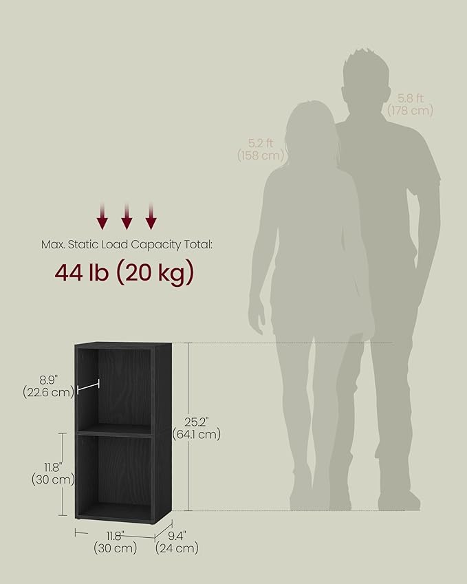 VASAGLE Custos Collection - Bookshelf, 2-Tier Bookcase, Book Shelf, Open Storage Shelf, 9.4 x 11.8 x 25.2 Inches, for Living Room, Home Office, Dining Room, Ebony Black ULBC432B01