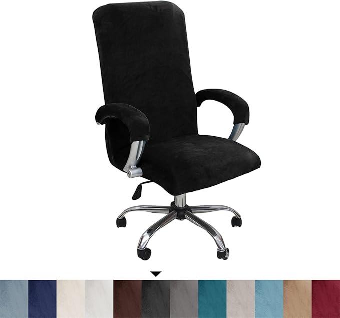 Velvet Plush Stretch Computer Office Chair Cover with Armrest, Chair Seat Cover for Office Chair for Pets & Kids, Removable Universal Desk Chair Covers for Swivel Rotating, Black, XL