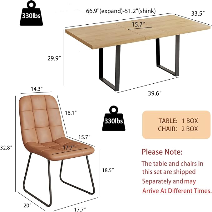 ZckyCine 7-Piece Modern Dining Set, 67" Expandable Oak Dining Table with 6 Brown Faux Leather Upholstered Chairs, Extendable Kitchen Table Set for 6, Scratch-Resistant, Easy Assembly