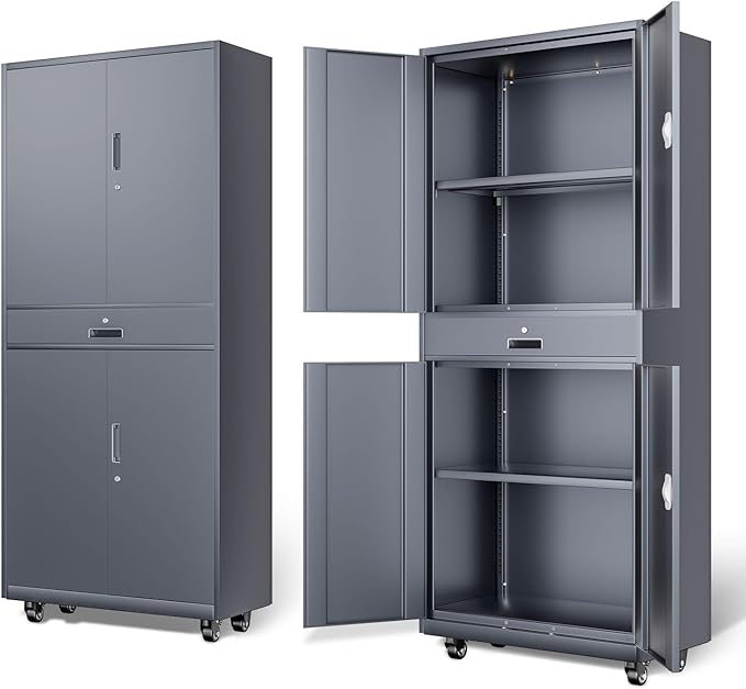DNA Motoring 73'' Metal Storage Cabinet, Rolling Garage Cabinet with 1 Drawer and Adjustable Shelves, Lockable Heavy Duty Metal Locker for Garage,Office,Home,Gym, Gray, TOOLS-00630-GY-GY-A