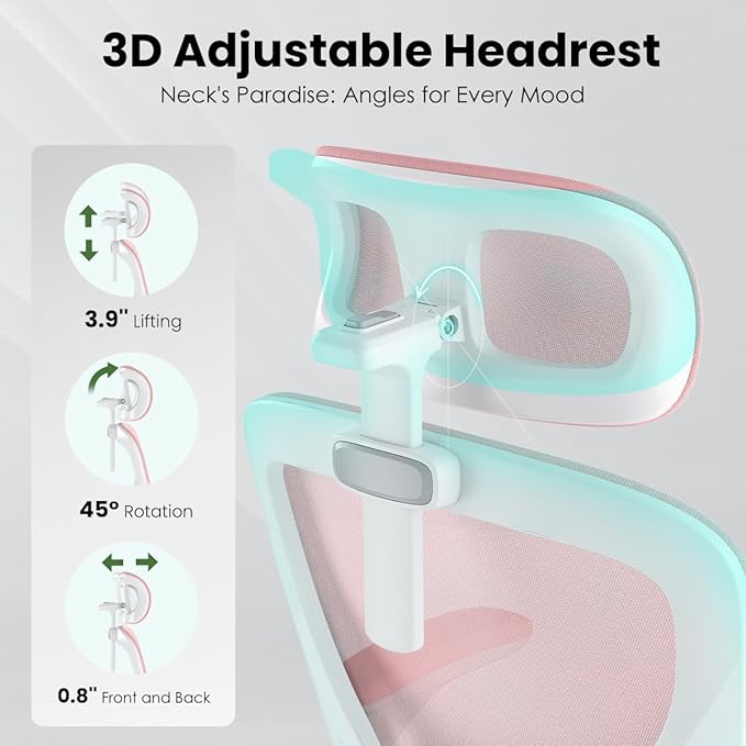 Soohow Office Chair, Ergonomic Office Mesh Desk Chair with Adjustable Back Support, High Back Comfy Computer Swivel Chair with Headrest, Lumbar Support for Study Room, Gaming and Office, White & Pink