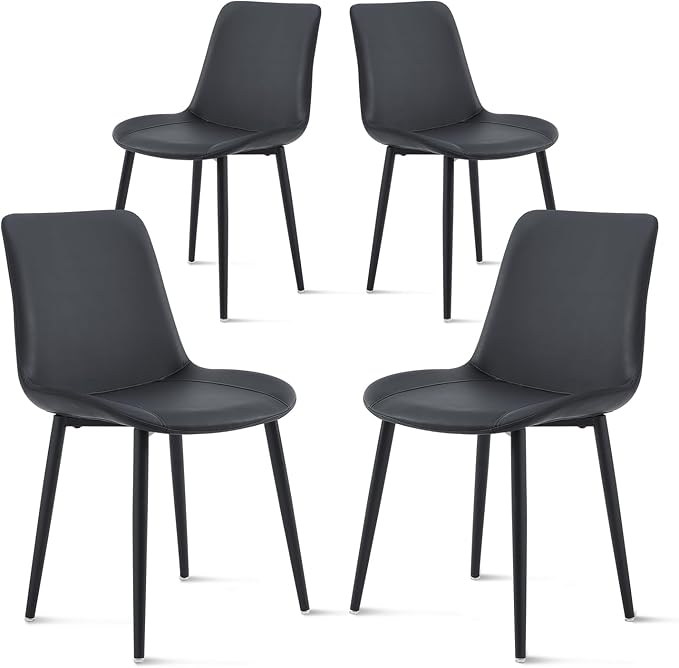 Black Leather Dining Chairs Set of 4, Mid Century Modern Faux Leather Kitchen & Dining Room Chairs, Comfortable Dinner Chair Kitchen Chairs for Restaurant Living Room, Cafe, Home (4, Black)