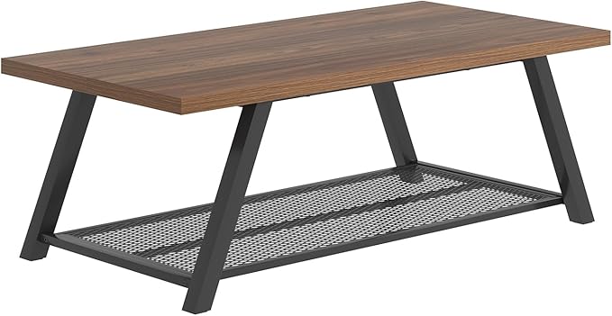 FOLUBAN Modern Coffee Table, Rustic Wood and Metal Center Table with Storage, Industrial Rectangle Cocktail Tea Table for Living Room, Walnut, 47 Inch