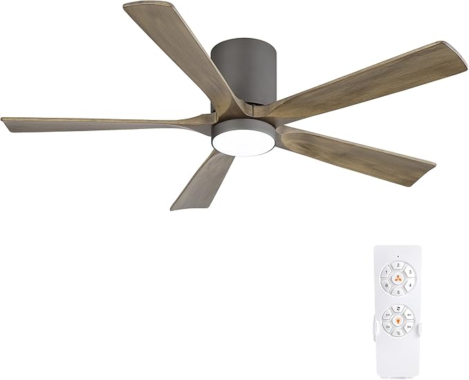 ELEHINSER 52 inch Low Profile Ceiling Fan with Light, 5 Solid Wood Blades, 6-Speeds, Quiet DC Motor, Timer, Flush Mount Modern Ceiling Fan with Remote for Living Room Bedroom, Charcoal Grey
