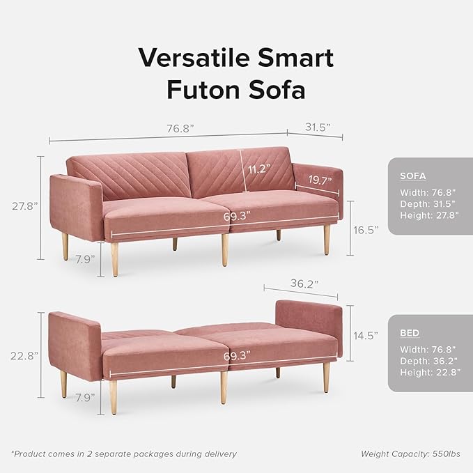 mopio 76.4" Futon Sofa Bed, Couch, Loveseat, Sleeper Sofa, Mid Century Modern Futon Couch, Sofa Cama, Couches for Living Room (Old Rosa Velvet)