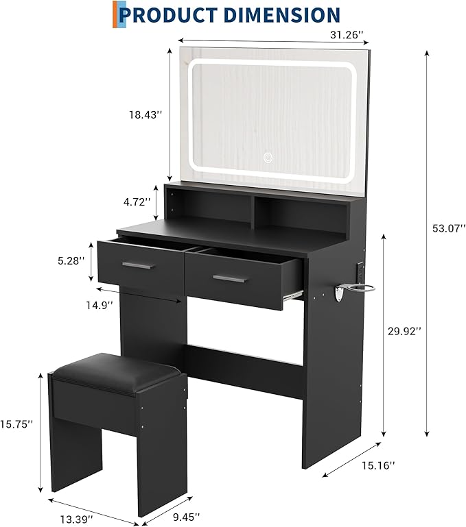 GarveeHome Vanity Desk with Mirror and Lights, 3 Color Modes Makeup Vanity with Cushioned Stool, 2 Drawers & Charging Station, Modern Dressing Table for Bedroom, Makeup Studio, Black