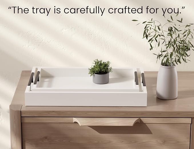 Bamboo Set of 2 Serving Tray with Metal Handles,Ottoman Decorative Trays Platter for Coffee Table,Living Room,Bar,Party(White)