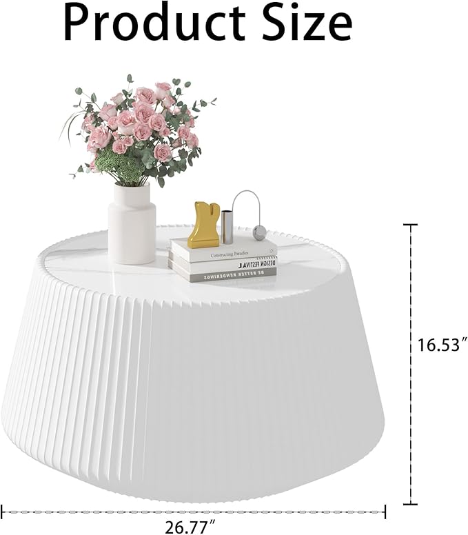 White Round Coffee Table with Sintered Stone Tabletop, 26.77" Drum Coffee Table with Fluted PU Leather Covered and Stable Base, Circle Cocktail Tea Table for Living Room