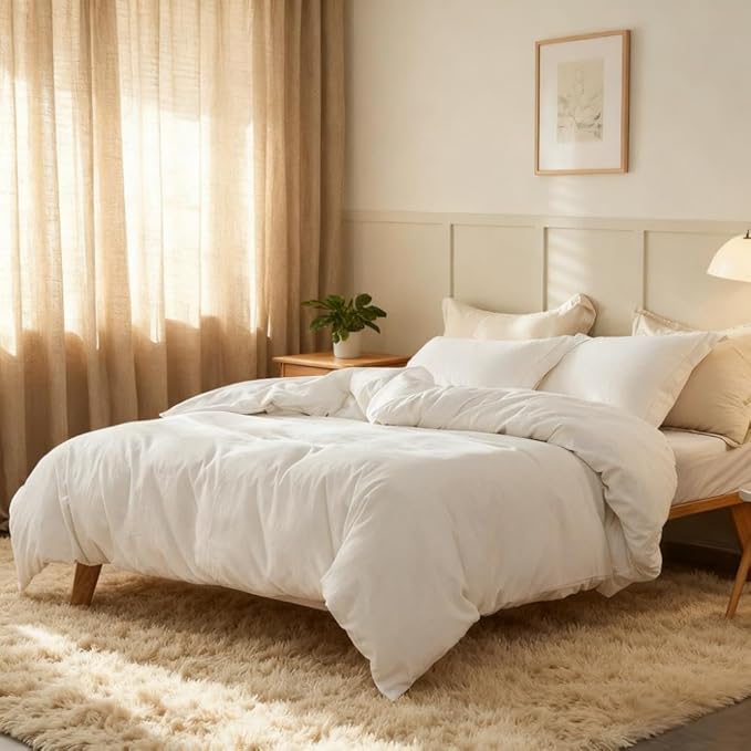 Simple&Opulence French Linen Duvet Cover Set 104"x 98"- 3 Pieces (1 Comforter Cover,2 Pillowcases)-Natural Flax Cotton Blend-Solid Color Breathable Farmhouse Bedding-Off White,California King