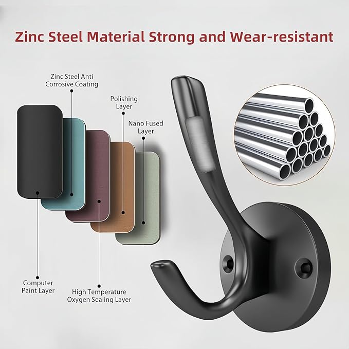 ZUONAI Black Coat Hook Heavy Duty 12 Pack Matte Black Hooks for Hanging Coats and Hat Hook Door Towel Hooks for Bathrooms Wall Mounted Double Metal Robe Hook Kitchen Hanger Sturdy Coat Locker Single