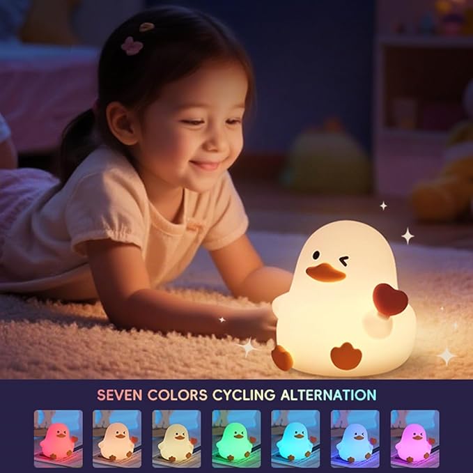 Duck Night Light for Adults Kids,Cute Silicone Animal Dimmable Nursery Nightlight with 7 Colors 30min Timer,Rechargeable Table Lamp Bedside Lamp for Christmas Gifts Room Decor