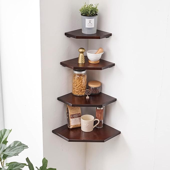Corner Wall Shelves, Corner Floating Shelves Set of 2 Solid Oak Wood Display Shelf with Wire Hole Small Plant for Kitchen Living Room Dark Walnut 13.5inch