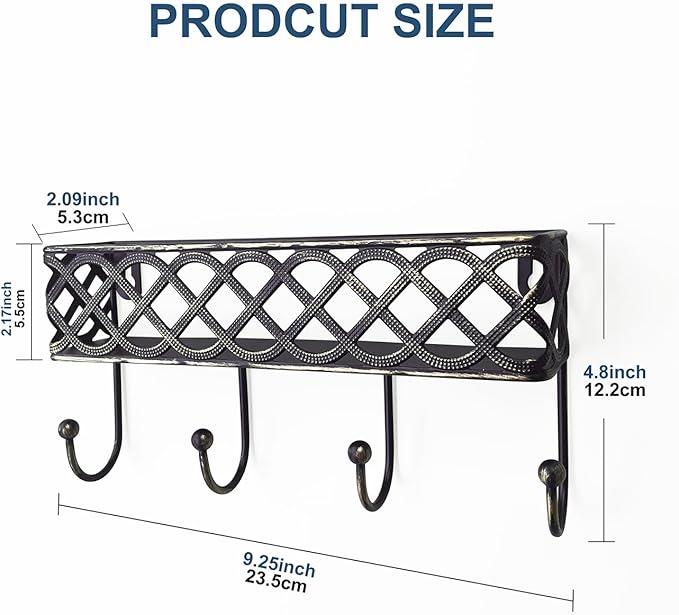 Celtic Knot Key Holder Wall Shelf - Entryway Wall Mounted Organizer with 4 Hooks, Metal Storage for Keys, Wallets, Bags, Hats (Antique Black)