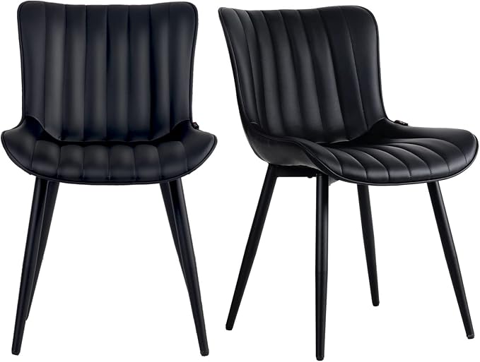 YOUNUOKE Black Dining Chairs Set of 2, Faux Leather Upholstered Kitchen & Dining Room Chairs with Back, Mid Century Modern Minimalist Accent Chair Armless for Guest Reception Waiting Living Room