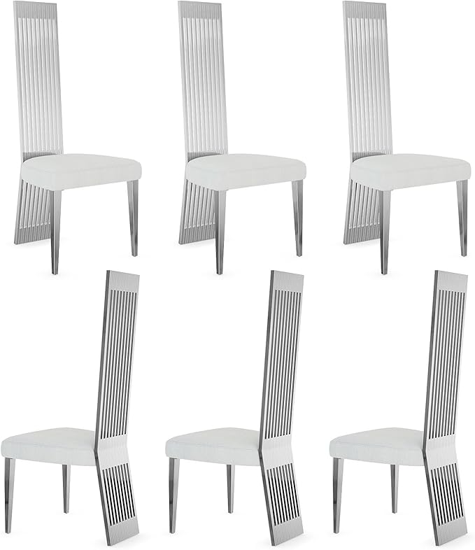 Modern Dining Chairs Set of 6, White Boucle Dining Room Chairs with Silver Polished Stainless Steel Legs, Upholstered Chairs with High Back and Metal Legs for Kitchen/Living Room/Restaurant