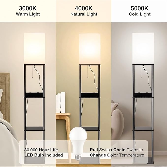 2 Packs Floor Lamp w. Shelves Including 2AC Outlets & 2USB Ports 9W LED Light Bulb 3 Color Temperature Soft/Cool/Daylight White w. 1PC 2 Prong to 3 Prong Adapter for Living Room/Bedroom