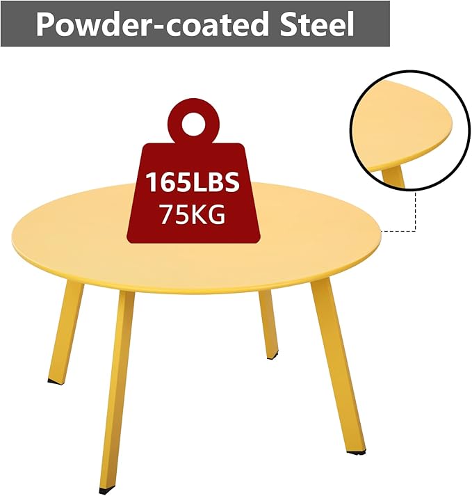 Outdoor Side Table, Outdoor/Indoor Metal Steel Patio Coffee Table, Round Weather Resistant Anti-Rust (Yellow)