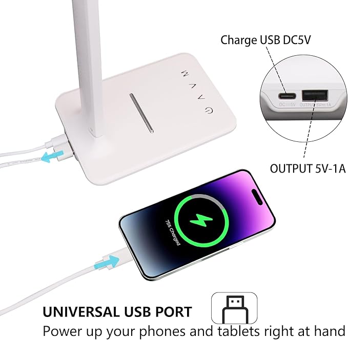 Led Desk Lamp Dimmable Table Lamp with USB Charging Port, 5 Lighting Modes, Sensitive Control, Foldable Portable Dorm Desk Lamps for Home Office Bedroom Reading Study Work (White)
