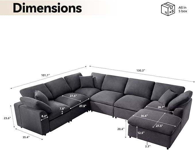 Modular Sectional Sofa Modern Oversized Chenille Cloud Couch with Movable Ottoman 7 Seater L-Shaped Sofas Comfy Couches for Living Room Spacious Space Office Lounge, Dark Grey