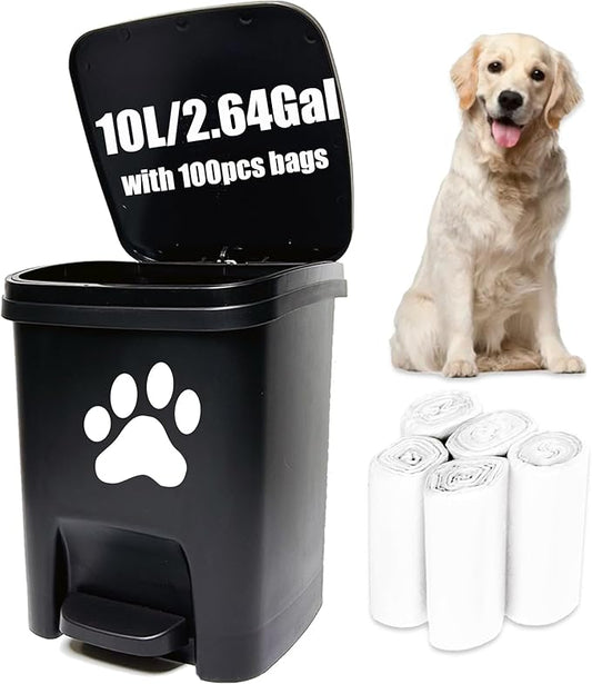 tebiete Dog Poop Waste Bag Container Dog Poop Trash Can Outdoors Pet Waste Station with Lid Dog Waste Disposal Container Bin Bucket Hands-Free Pedal Garden Yard Home with 100pc Waste Bags, Black