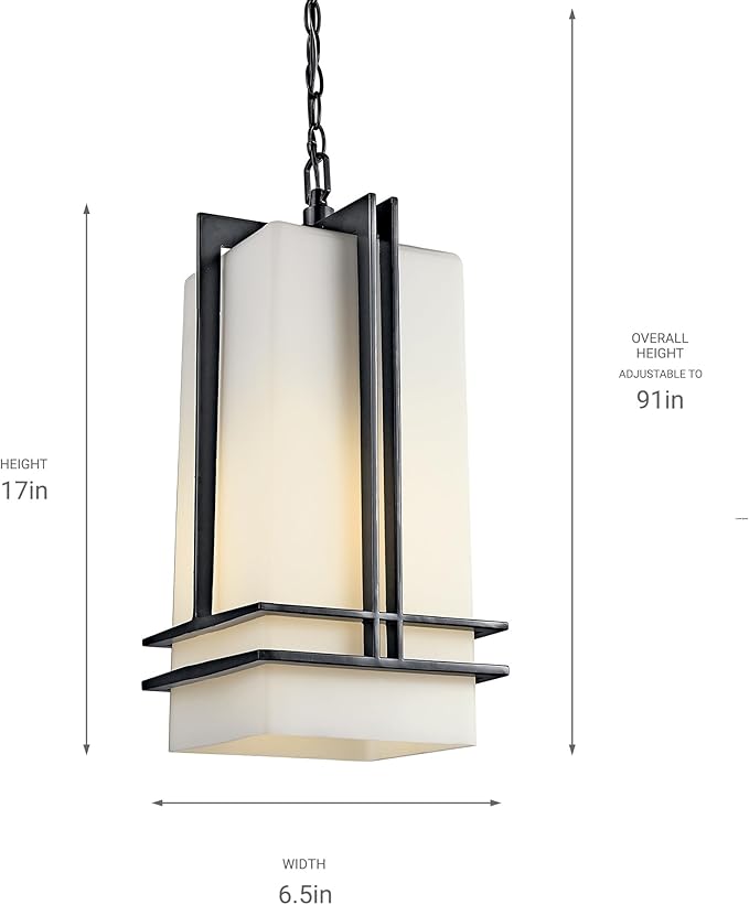 Kichler Tremillo 17" Outdoor Pendant Hanging Light in Black, Exterior Porch Light with Satin Etched Cased Opal Glass, (17" H x 6.5" W), 49205BK