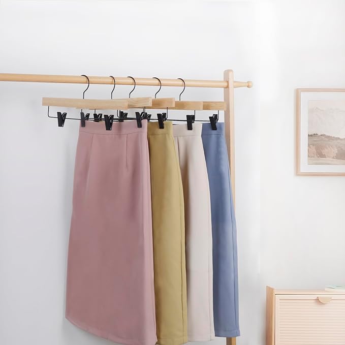 Nature Smile Deluxe Wooden Pants Hangers,Solid Rubber Wood Jeans Skirt Hanger with Blacak Hook Pack of 20(Natural Varnished)