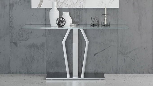 Modern Tempered Glass Aiden Console Table with Brushed Stainless Steel Base