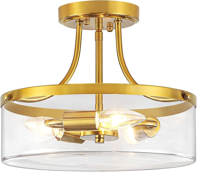 11.81" Brushed Gold Semi Flush Mount Ceiling Light, Modern Glass Entryway Light Fixture, Hallway Light Fixtures, 3-Light Drum Ceiling Lamp for Bedroom Kitchen Island Laundry Dining Room, UL Listed
