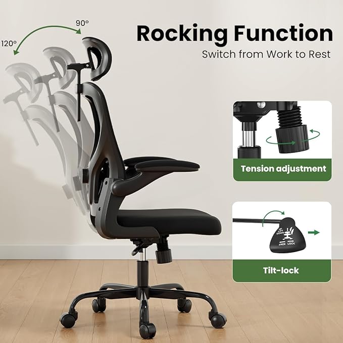 Soohow Office Chair, Ergonomic Office Mesh Desk Chair with Adjustable Back Support, High Back Comfy Computer Swivel Chair with Headrest, Lumbar Support for Study Room, Gaming and Office, Black Black