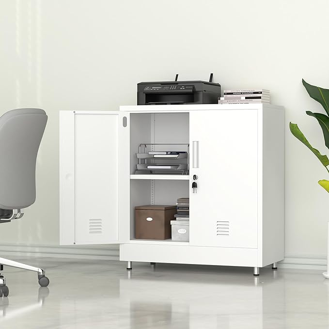 Metal Storage Cabinet with Locking Doors and Adjustable Shelf, Small Lockable Sideboard Buffet Cabinet for Home, Office, Entryway, Hallway, Living Room, Kitchen and Dining Room (White)