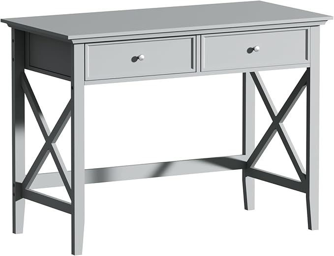 Computer Desk with 2 Drawers, Elegant Home Office Writing Study Desk with Storage, Modern Simple Vanity Desk Console Table for Living Room, Grey
