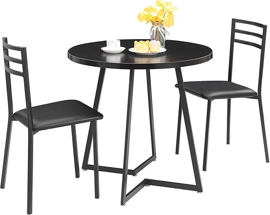 VECELO Small Round Kitchen Table with 2 Upholstered Chairs, 3-Piece Wood Dinette Sets with Steel Frame for Breakfast Nook, Dining Room, and Small Space, Wood-Grain Black