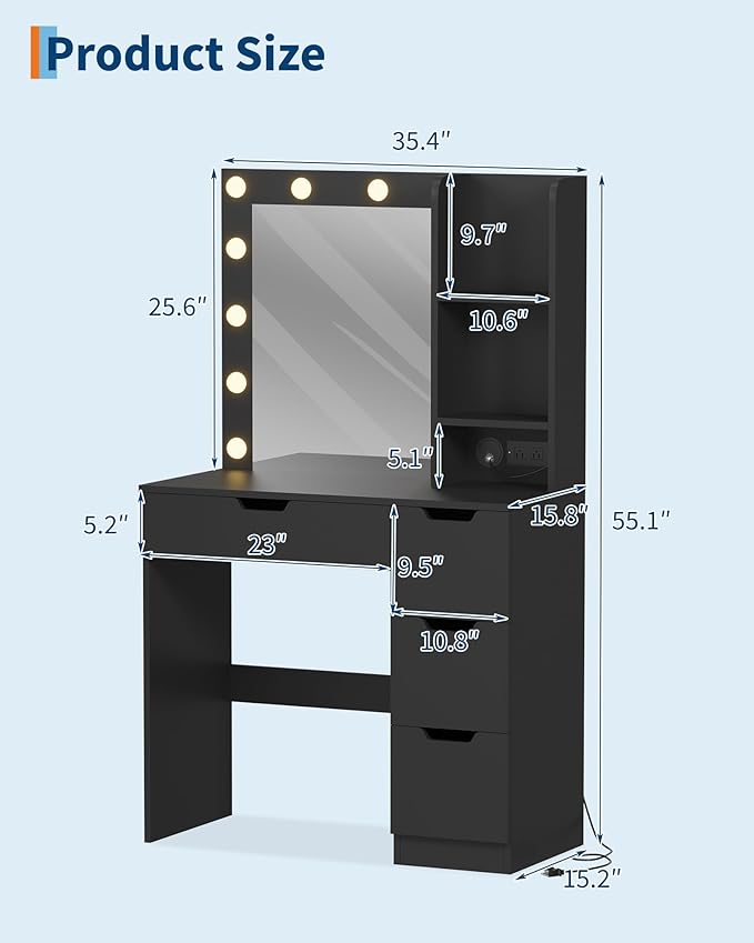 Garvee Vanity Desk with Mirror and Lights - Makeup Vanity Desk with 4 Drawers, Built-in Power Outlet & USB, Adjustable LED Lighting, Makeup Table for Bedroom