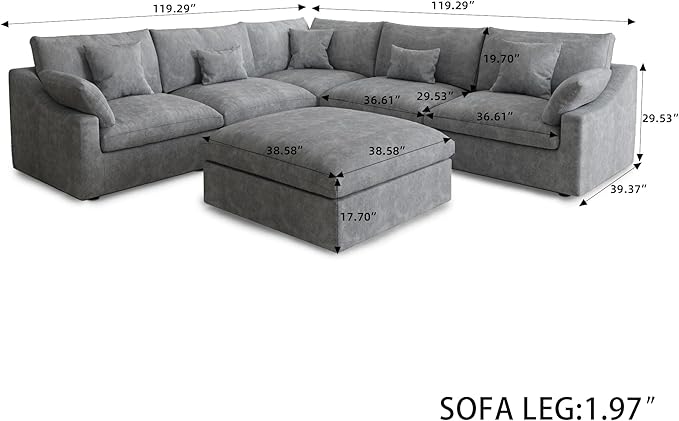 Could Couch Modular Sectional Sofa with Ottoman,Down Filled 120inch V Shaped Couch,Convertible Sofa Bed Living Room Set,6 Seat Sleeper Couched Bed, Cover Washable and Replaceable,Gray