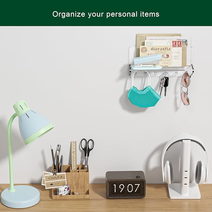 Decorative Wall Key Holder - Acrylic Mounted Key Hooks with Shelf, Entryway Rack, Mail Organizer, Living Room Decor (Clear)