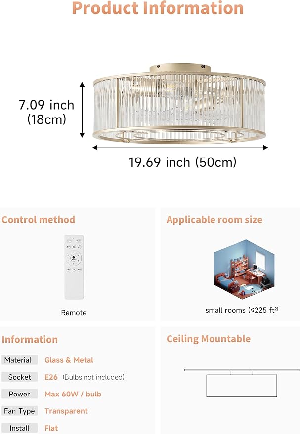 God Crystal Ceiling Fans with Lights, 20" God Mid-Century Ceiling Fan with Light Flush Mount, Modern with 6 Speeds, Remote Control for Bedroom, Nursery, Living Room