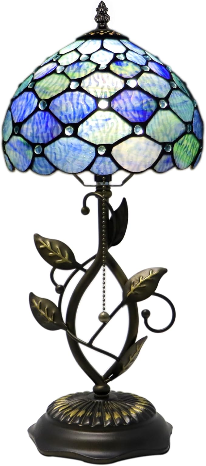 Small Tiffany Lamp Sea Blue Water Ripple Style Stained Glass Table Lamps Desk Bedside Reading Light 8X8X18 Inches with Bronze Metal Leaf Resin Base