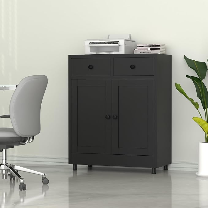 Metal Storage Cabinet with 2 Drawers and Adjustable Shelf, Sideboard Buffet Cabinet for Home, Office, Hallway, Entryway, Living Room, Kitchen Pantry and Dining Room (34.8" H, with Feet, Black)