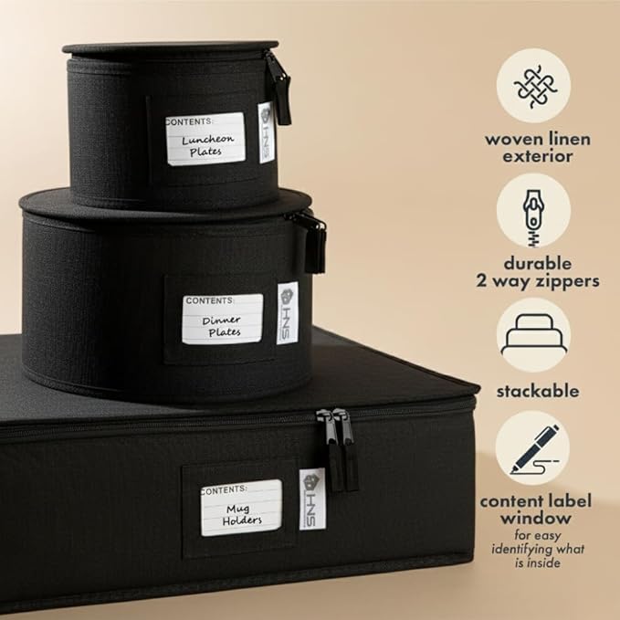 Hard Shell China Storage Containers 5-Piece Set Moving Boxes for Dinnerware, Glasses, Plates, Mugs and Saucers Sturdy Dish Organizer with Dividers for Seasonal Storage - Service for 12 - Black Quilted
