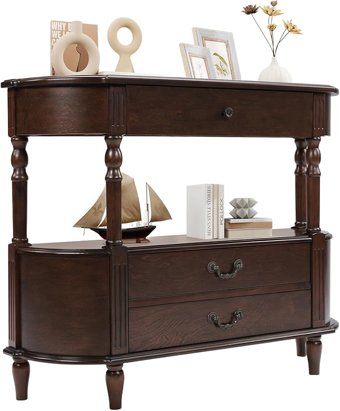 HMFULE Solid Wood Retro Curved Console Table, 43" Half Moon Console Table Sofa Table Entryway Table with 3 Drawers Open Shelf Pine Roman Legs Curved Corners for Living Room,Entryway,Hallway,Espresso