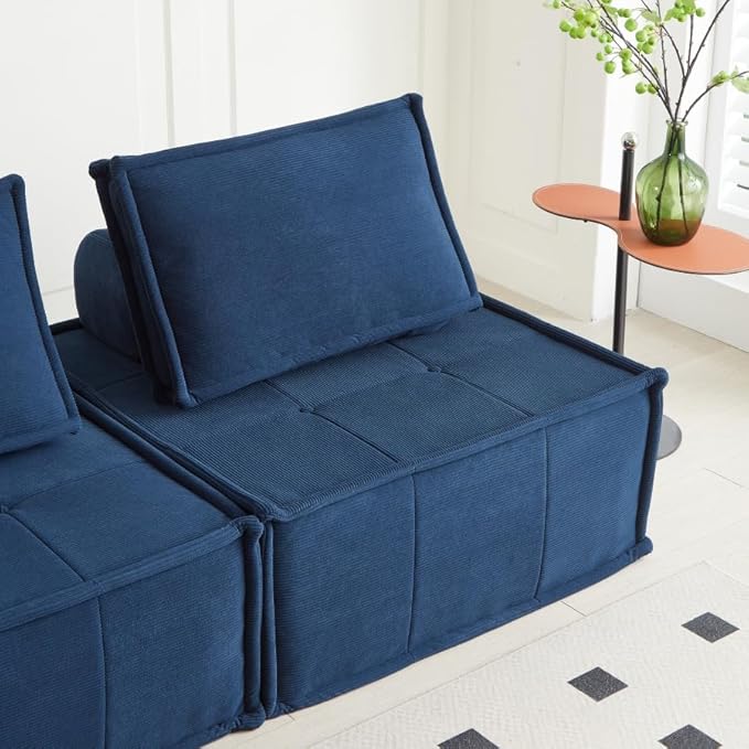 PurrJoys Modular Sectional Sofa, 3-Piece 105" Deep Seat Corduroy Lounge Sofa with Movable Cushions, Modular Couch for Small Spaces, Living Room, Bedroom, Apartment, Office - Blue