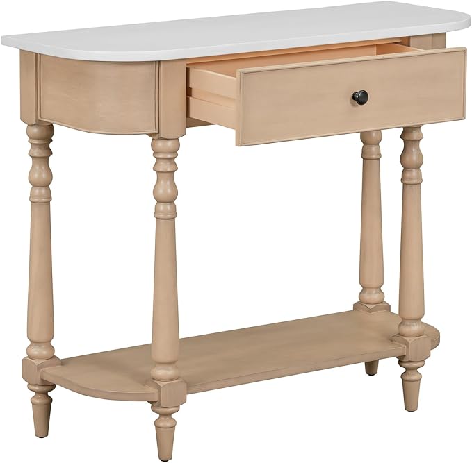 HMFULE Retro Curved Console Table, 36" Solid Wood Half Moon Console Table Sofa Table Entryway Table with 1 Drawer 1 Open Shelf Roman Legs Curved Corners for Living Room,Entryway,Hallway,White+Beige